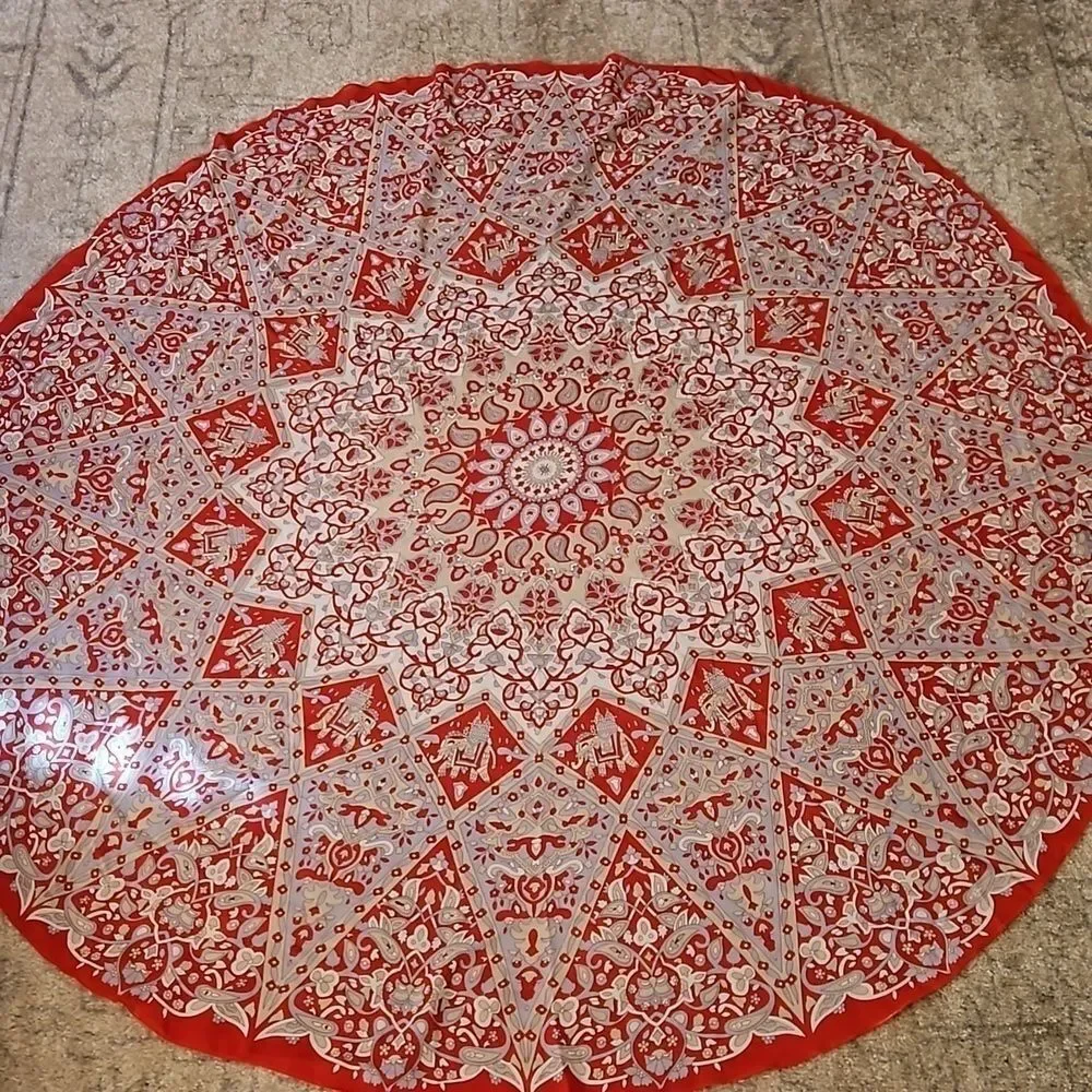 Mandala Elephant Round Oversized Scarf Wrap Red Gray White Boho Tapestry 60